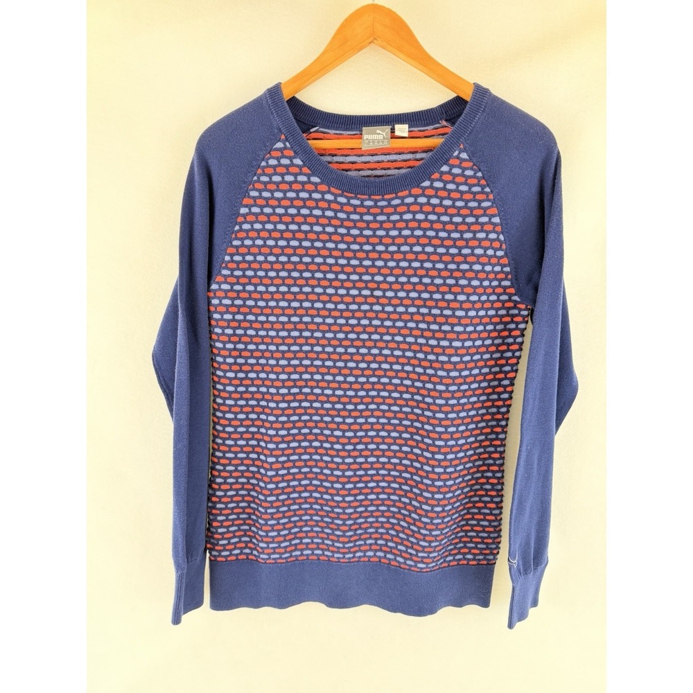Puma Golf Performance Sweater Womens L Blue Red Knit Crewneck Pullover